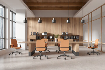 Modern conference room with wooden elements and orange chairs. 3D Rendering