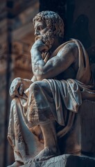 Ancient philosopher stone statue in contemplative pose in grand arena, realistic close up