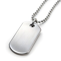 Metal dog tag on ball chain, military identification necklace, isolated on white background