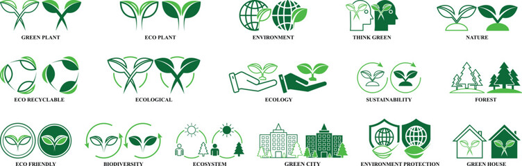 Green Environment Ecology icon set. Environment, Eco friendly set of icon in fill and line style. Editable Colorful Nature icons set isolated on white background.