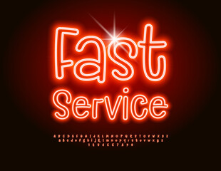 Vector advertising banner Fast Service. Neon Handwritten Font. Glowing Red set of Alphabet Letters and Numbers set.