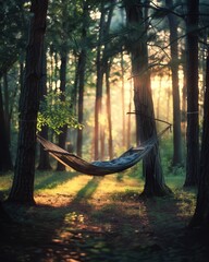 Obraz premium The peace and comfort of a hanging hammock in the early morning surrounded by green trees and vegetation. A calm and cozy image that highlights the hammock, the surrounding trees and the morning light