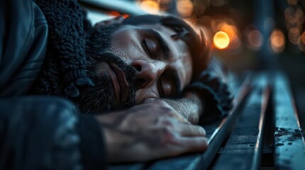 Street dweller sleeping on a park bench, highlighting the issue of homelessness, Humanitarian, Soft hues, Photography