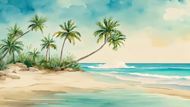 Holiday summer travel vacation illustration - Watercolor painting of palms, palm tree on teh beach with ocean sea