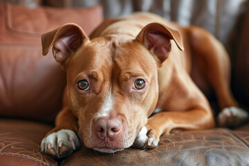 Stubborn Dog Sitting or lying on a leather sofa