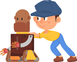 Boy play with funny robot model. Smart kid education