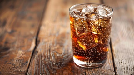 Refreshing Carbonated Beverage Poured Over Ice on Wooden Table