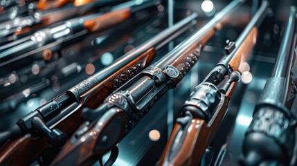 Weapon collection from different eras displayed in a museum, showcasing the evolution of armaments, Historical, Dark tones, Photography