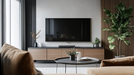 Modern Living Room Interior Design with TV and Plants