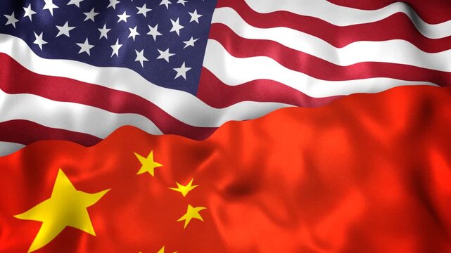 USA and Chinese Flags together. Representing US and China issues, trade, friendship, other relations. Slow motion flowing animation.