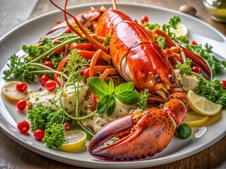 Luxurious seafood culinary masterpiece featuring a giant lobster and king crab arranged artfully on a elegant white plate, garnished with fresh herbs and microgreens.