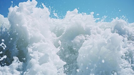 Close-up shot of a powerful ocean wave crashing with white foam against a clear blue sky, capturing the dynamic motion of the water