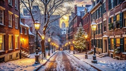 Snowflakes gently fall on a serene winter cityscape, empty cobblestone street lined with handsome historic buildings, lamp posts, and snow-dusted trees await exploration.