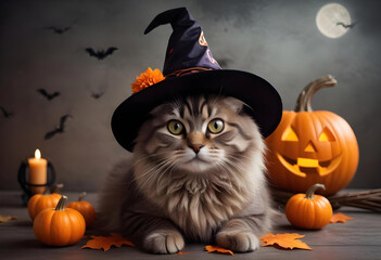 A Halloween-themed scene featuring a fluffy cat wearing a witch's hat, surrounded by festive decorations.