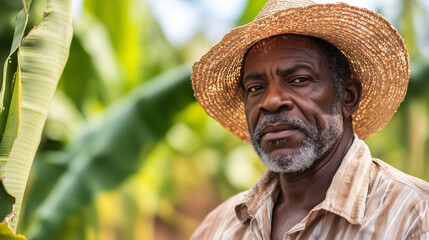 A mature man wearing a straw hat proudly stands among green banana fields.