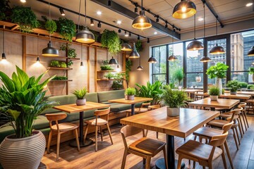 A modern cafe interior with sleek wooden tables, vibrant green plants, and warm lighting, evoking a sense of casual conversation and social connection.