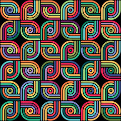 Seamless repeating pattern with chained striped squares on a black background. Multicolored linear art. Geometric grid in retro ethnic style.