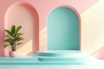 A serene and modern interior featuring pastel arches, smooth surfaces, and a green plant for a calming atmosphere.