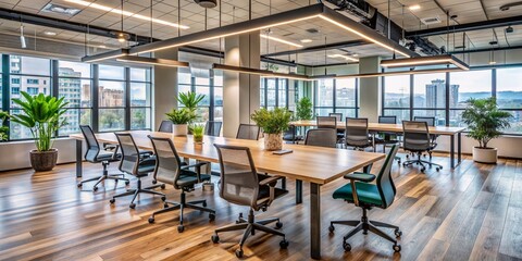 Modern corporate office with empty chairs and table, conveying a sense of collaboration, diversity, and success, ready for a team of professionals to gather and discuss.