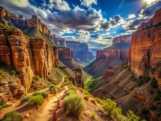 Naklejka premium Majestic canyon walls rise above winding hiking trails, casting dramatic shadows, evoking a sense of thrilling adventure and unbridled exploration in the vast American wilderness.