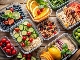 Fresh fruits, lean proteins, and whole grains are beautifully arranged in airtight containers, showcasing a nutritious meal prep for a healthy and fit lifestyle.