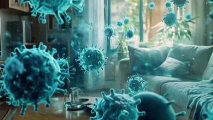 viruses spreading via air conditioner inside a room, emphasizing potential health hazards