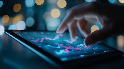 Hand using a tablet with floating financial graphs and analytics, minimal, digital