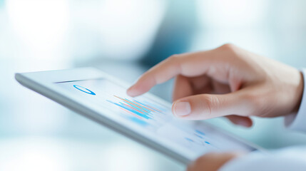 Person interacting with a tablet showing floating data graphs and visualizations, simple background, technology