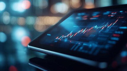 Tablet screen with floating financial graphs and data analytics, clean, tech