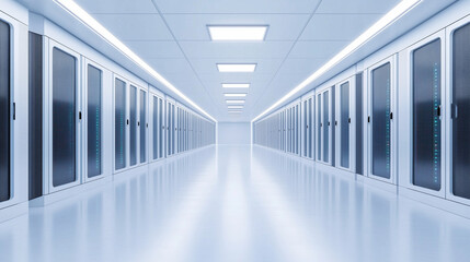 Obraz premium Data center aisle with bright data lines and server units, clean background, tech