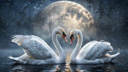 Swans lovers in winter starry night. Romantic valentine background.
