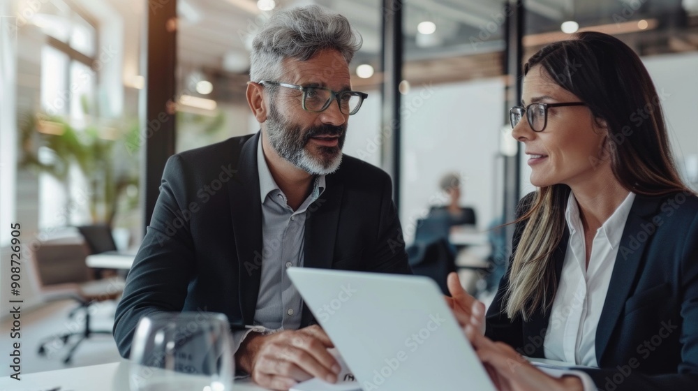 Poster two people in suits are talking to each other at a table with a laptop in front