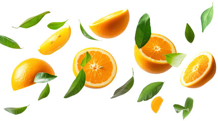 Obraz premium set of oranges with half slice and green leaves isolated on transparent white background, clipping path