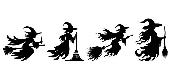 Vector halloween witch flying on a broomstick silhouette on white background.