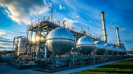 A large industrial plant with many large tanks and pipes