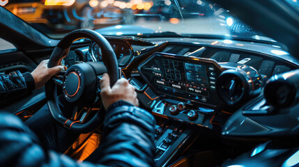 Hands of driver holding wheel and windshield, dashboard with navigation system inside modern car at night. Concept of drive, interior, road, steering, display.