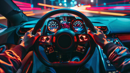 View of hands of driver holding wheel and windshield, dashboard inside luxury car at night. Concept of drive, interior, speed, road, steering, display.