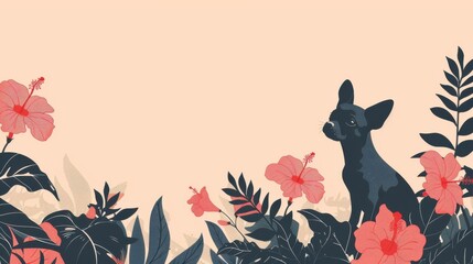 Chinese minimalism illustration, silhouette portrait of a Chihuahua, flat illustration Chinese figure illustration on soft peach background, surrounded by hibiscus flowers, garden setting