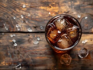Top view of a glass of soda with ice cubes on a rustic wooden table