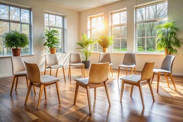 A serene and calming atmosphere is depicted in a group therapy setting, emphasizing empathy and support, with empty chairs and a subtle calming background.