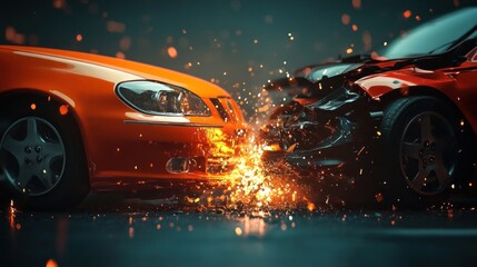 Front of cars collide against each other on dark background