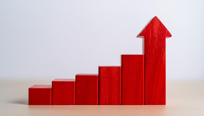 Red wooden rising bar graph with an upward arrow on white. Growth or progress. Business and finance