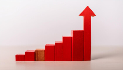 Red wooden rising bar graph with an upward arrow on white. Growth or progress. Business and finance