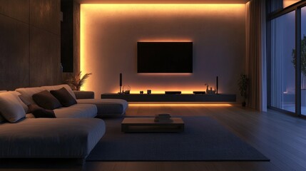 modern living room interior with sofa and television against the wall with soft lighting