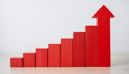 Red wooden rising bar graph with an upward arrow on white. Growth or progress. Business and finance