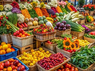 Colorful array of fresh fruits, vegetables, and flowers overflow from baskets and crates at a lively farmer's market, showcasing local agriculture's rich bounty.
