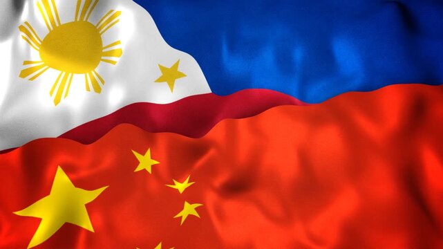 Philippine and Chinese Flags together. Representing Philippines and China issues, trade, friendship, other relations. Slow motion flowing animation.