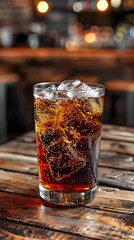 Chilled Cola Drink with Ice Cubes on Wooden Table in Bar or Cafe