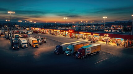 A panoramic view of a truck stop during the night, illuminated by bright lights, with various food trucks, convenience stores, and rest areas bustling with activity, creating a lively and secure