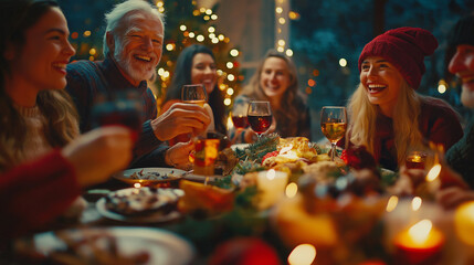 Fototapeta premium A diverse group of people celebrating a holiday or special occasion, with decorations, food, and joyful expressions